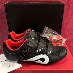 NEW in Box PELOTON  Black Cycling Shoes with Red Accents, size 43